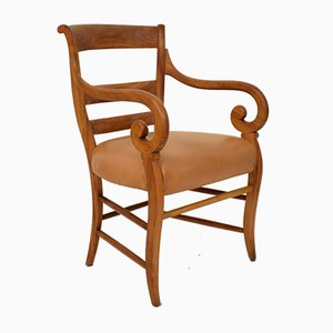 19th Century Biedermeier German Cherrywood and Brown Leather Armchair-FB-735099