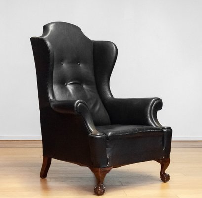 19th Century Black Leather Chippendale Wingback Chair with Claw and Ball Feet-JE-1817742