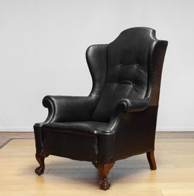 19th Century Black Leather Chippendale Wingback Chair with Claw and Ball Feet-JE-1817742