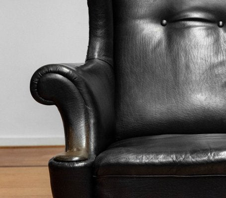 19th Century Black Leather Chippendale Wingback Chair with Claw and Ball Feet-JE-1817742