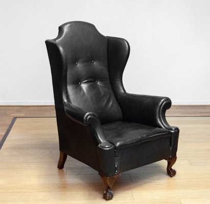 19th Century Black Leather Chippendale Wingback Chair with Claw and Ball Feet-JE-1817742