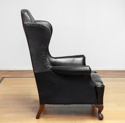 19th Century Black Leather Chippendale Wingback Chair with Claw and Ball Feet-JE-1817742