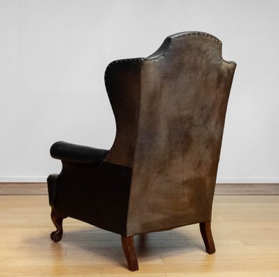 19th Century Black Leather Chippendale Wingback Chair with Claw and Ball Feet-JE-1817742