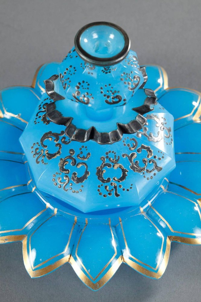 19th Century Blue Opaline Perfume Bottle with Enamel Decoration, Set of 2