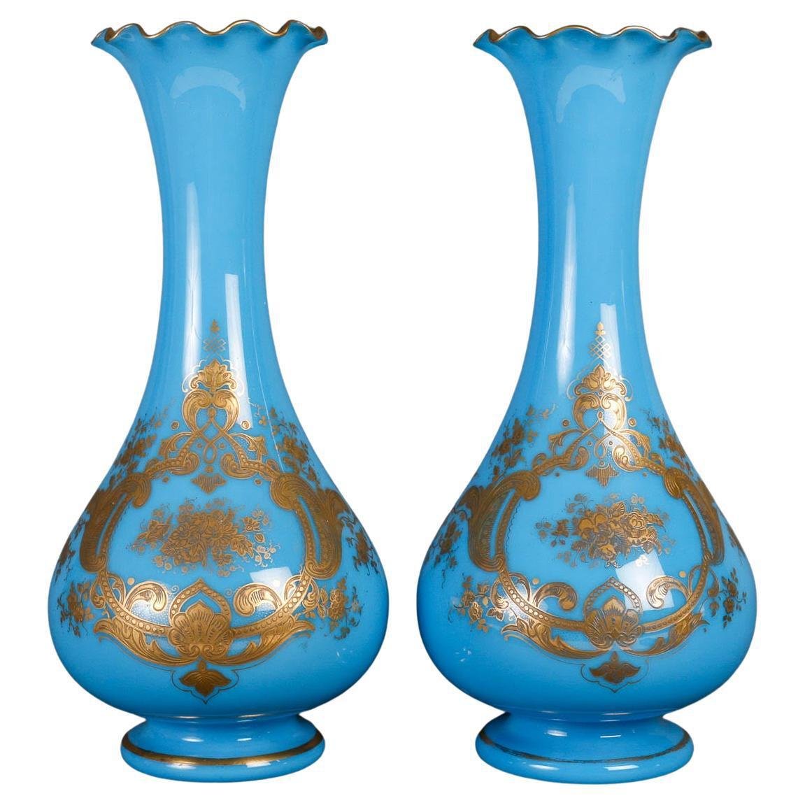 19th Century Blue Opaline Vases, Set of 2-WFS-1741935