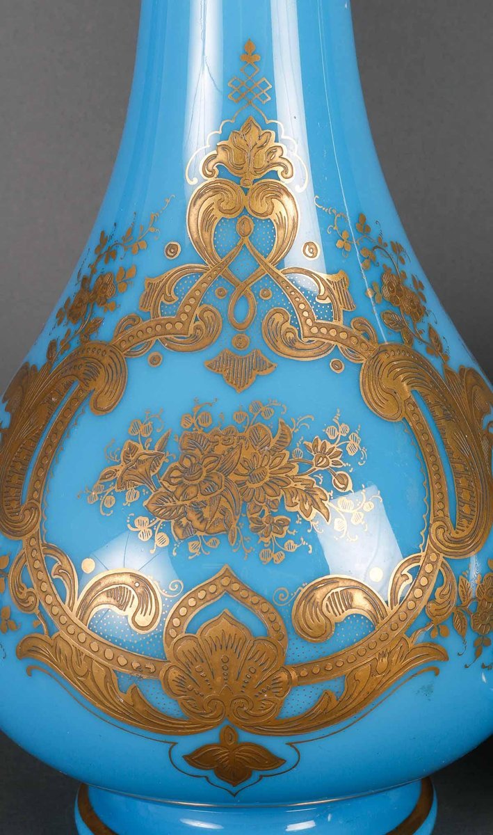 19th Century Blue Opaline Vases, Set of 2