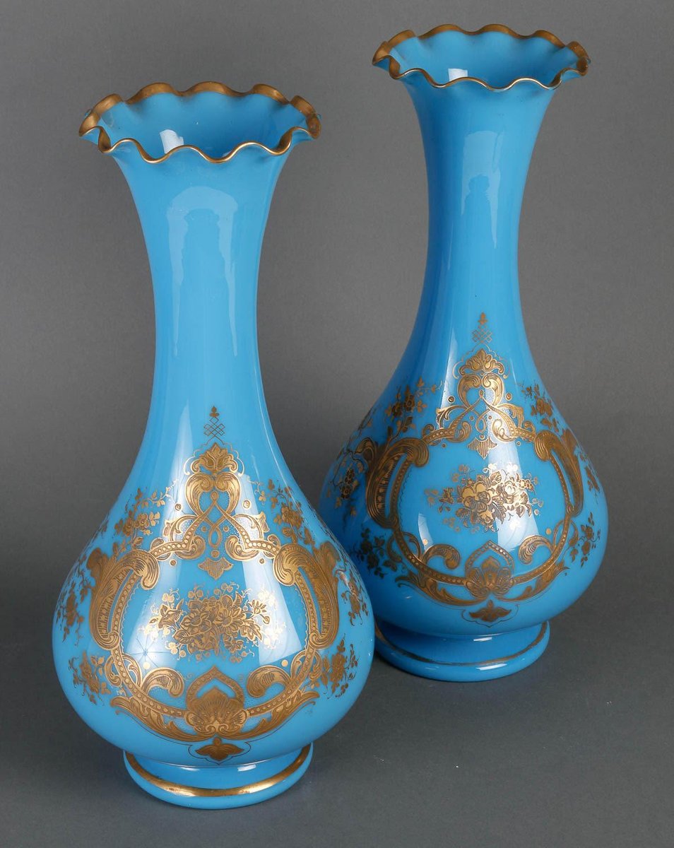 19th Century Blue Opaline Vases, Set of 2