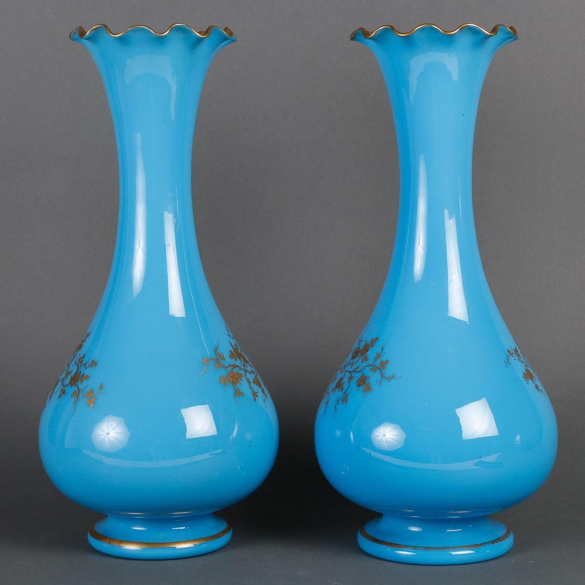 19th Century Blue Opaline Vases, Set of 2-WFS-1741935