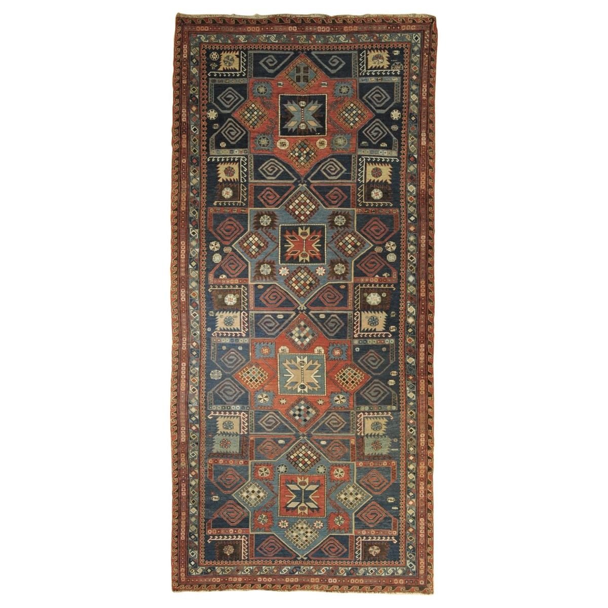 19th Century Blue Yellow Red Geometric Rug, 1870s