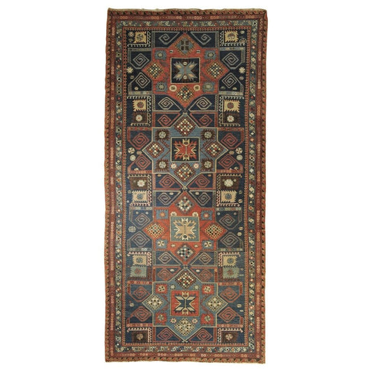 19th Century Blue Yellow Red Geometric Rug, 1870s