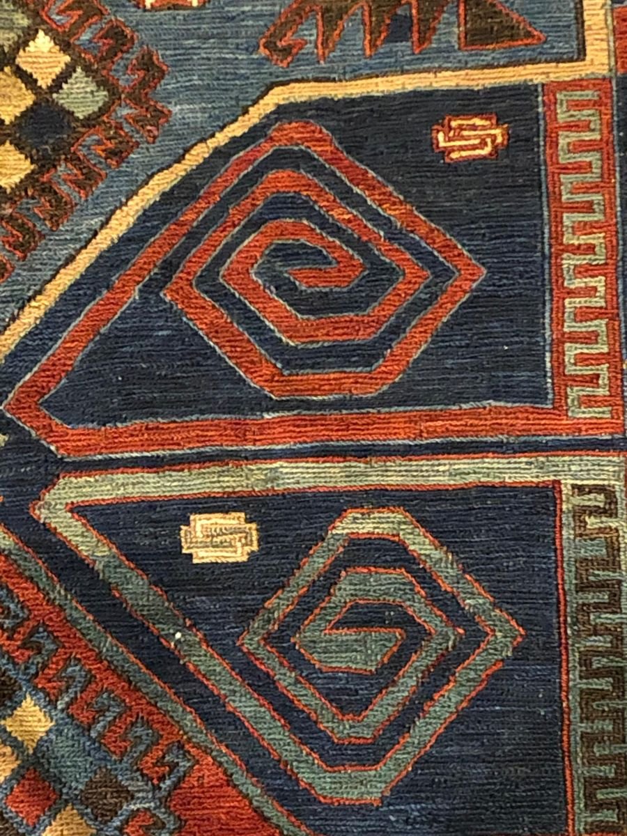 19th Century Blue Yellow Red Geometric Rug, 1870s