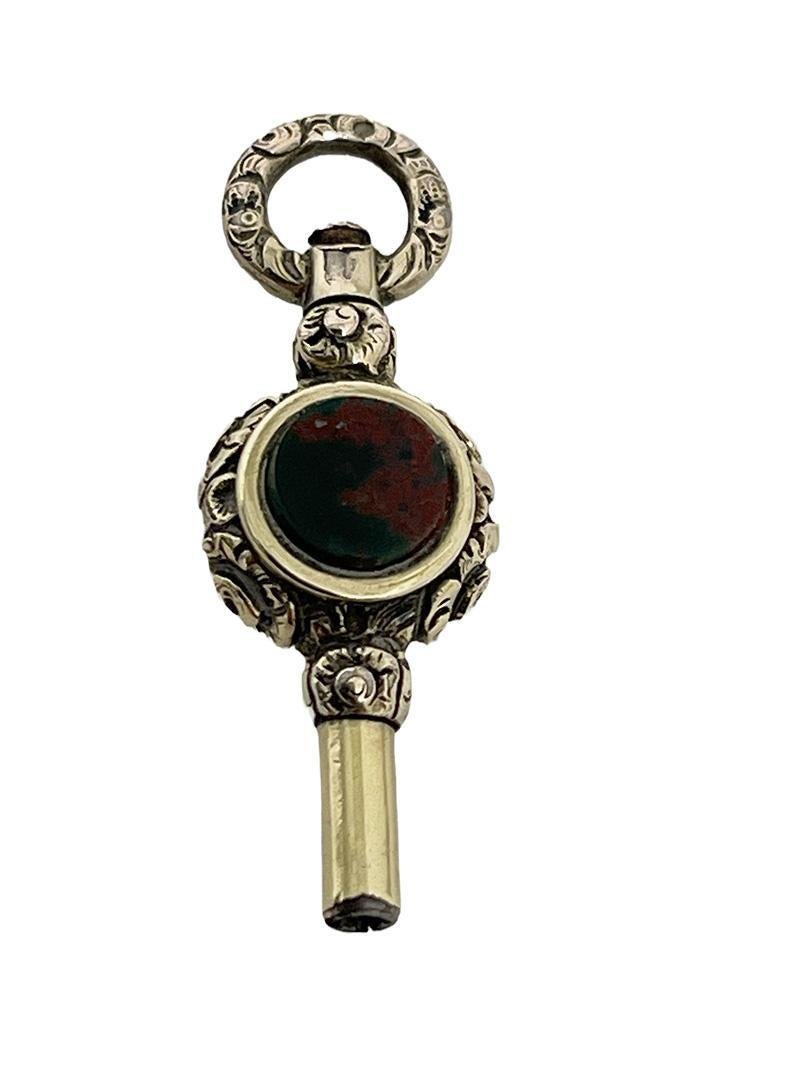 19th Century Brass and Gold Watch-Key with Agate and Heliotrope Stones