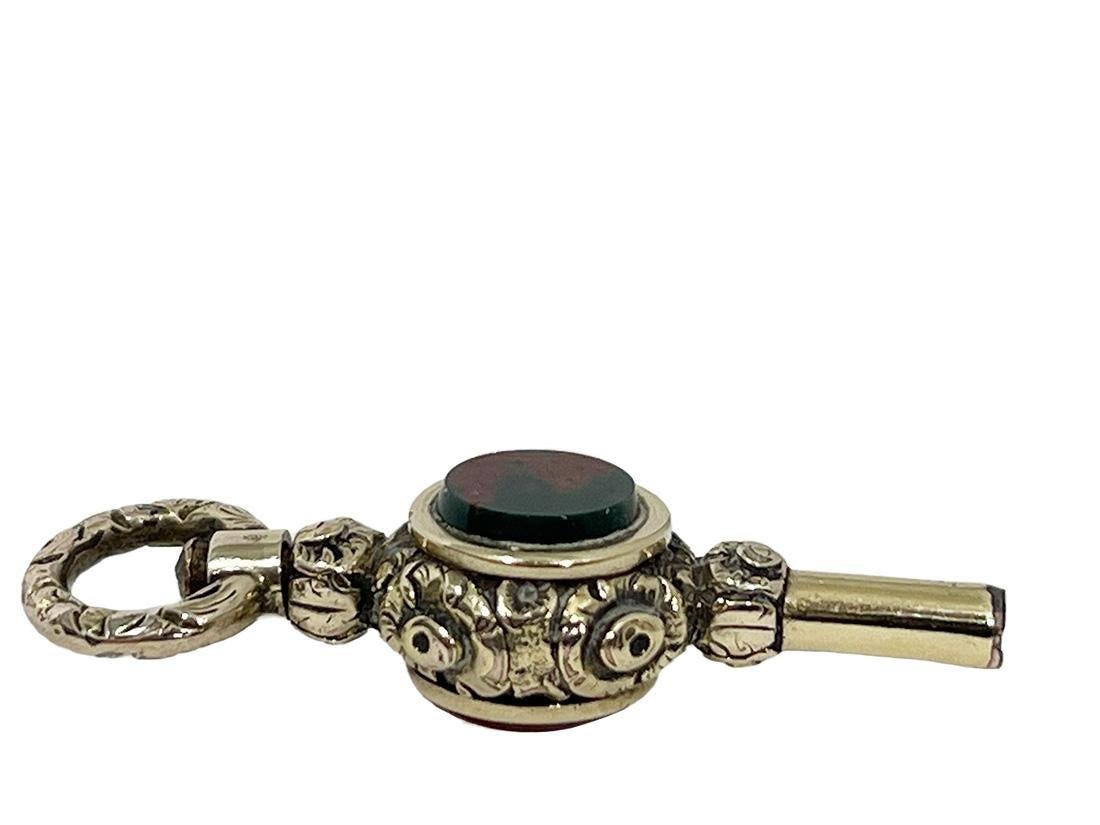 19th Century Brass and Gold Watch-Key with Agate and Heliotrope Stones