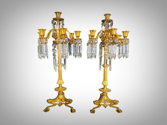 19th Century Bronze and Crystal Candelabra: Gilded Elegance and Wheel-Cut Crysta, 1880s