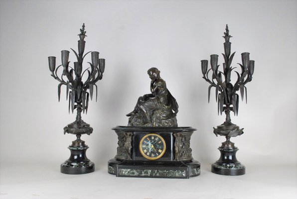 19th Century Bronze and Marble Clock and Candleholders by James Pradier, Set of 3-SYQ-717290