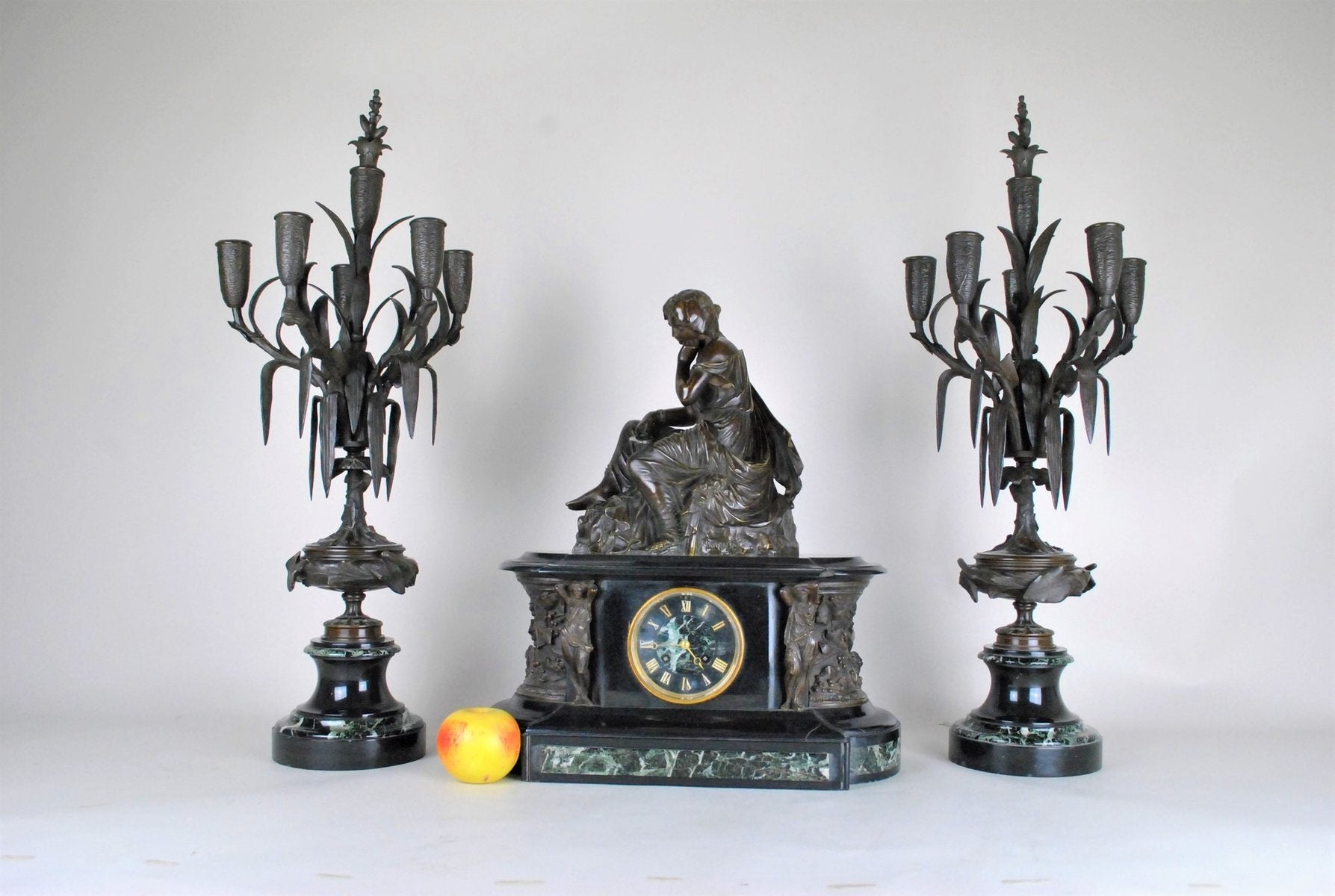 19th Century Bronze and Marble Clock and Candleholders by James Pradier, Set of 3