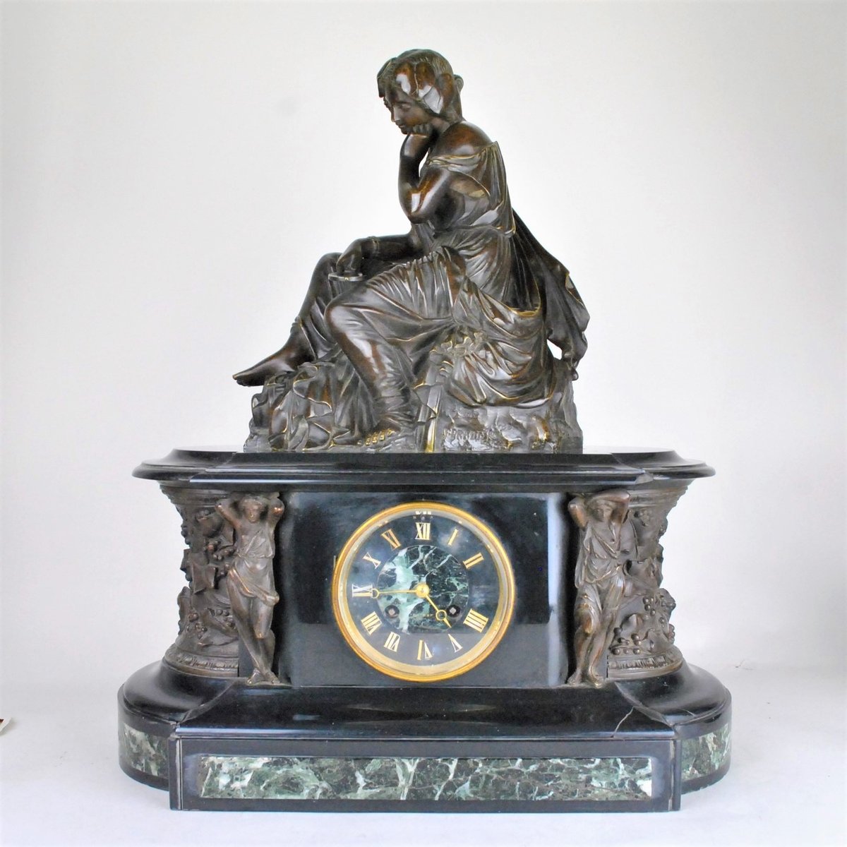 19th Century Bronze and Marble Clock and Candleholders by James Pradier, Set of 3