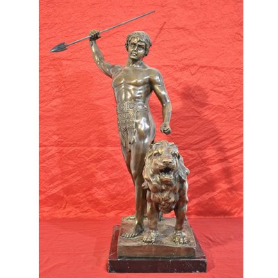 19th Century Bronze Warrior with Spear and Lion Sculpture from Antoine Louis Barye-YVI-715741