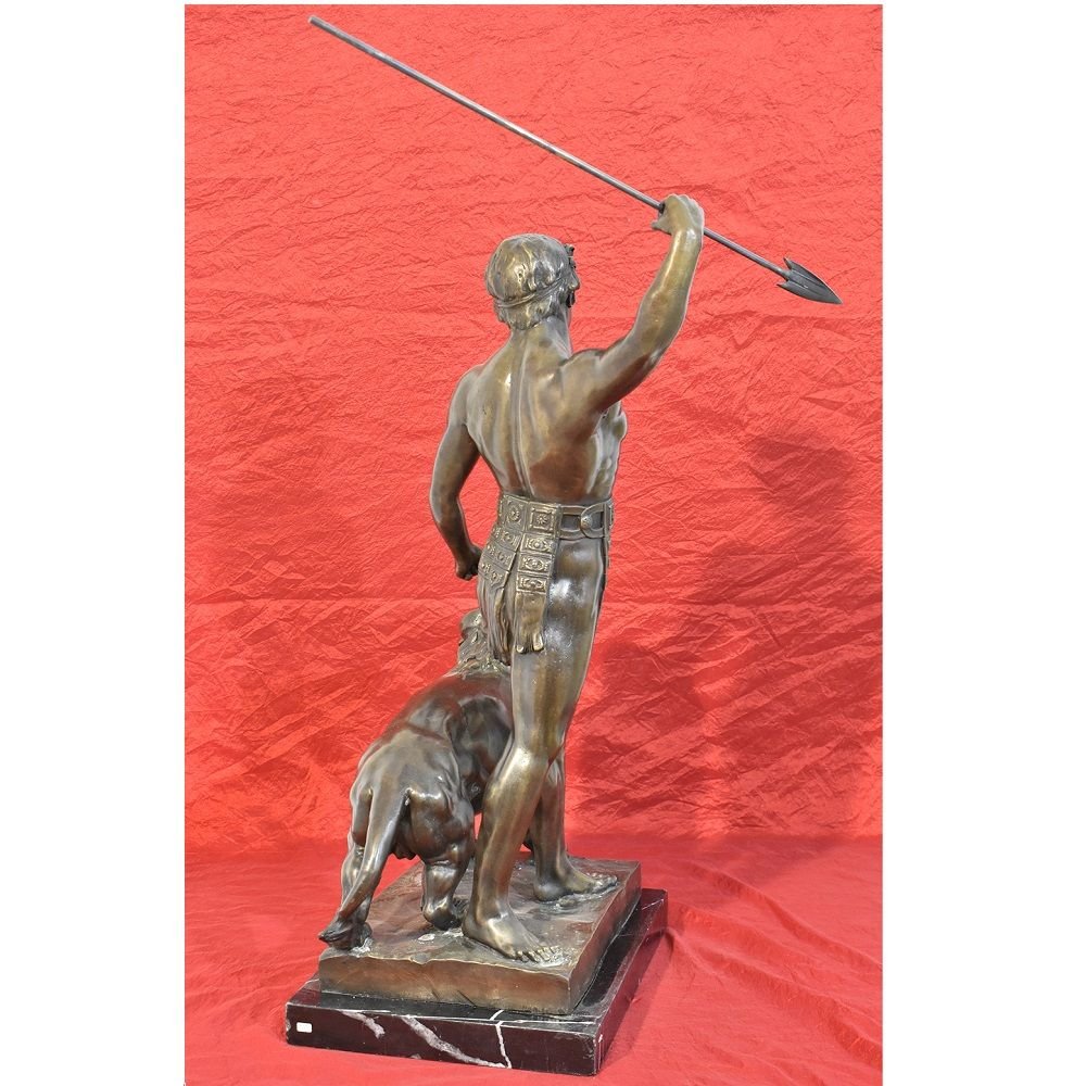 19th Century Bronze Warrior with Spear and Lion Sculpture from Antoine Louis Barye