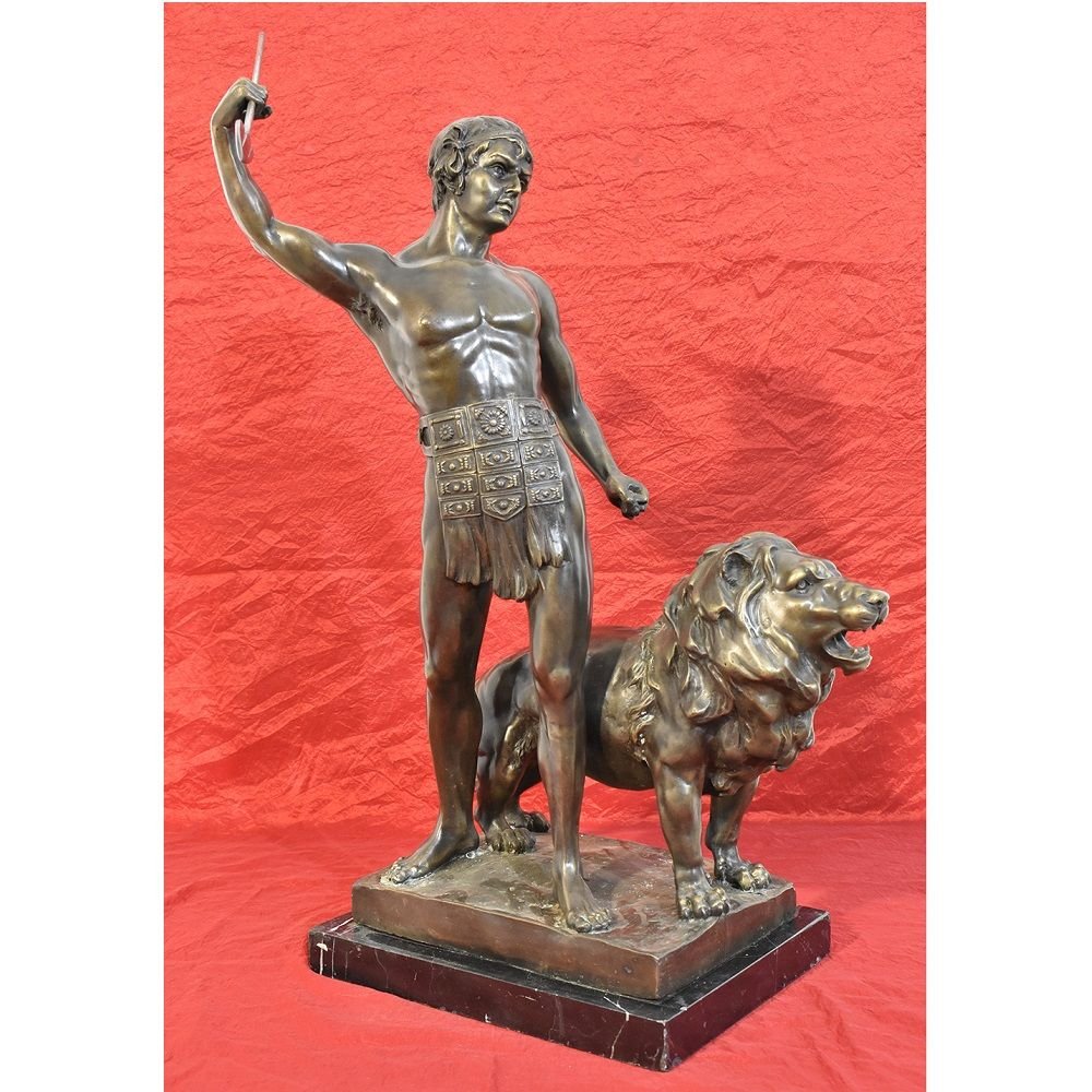 19th Century Bronze Warrior with Spear and Lion Sculpture from Antoine Louis Barye