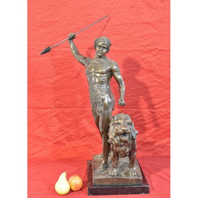 19th Century Bronze Warrior with Spear and Lion Sculpture from Antoine Louis Barye-YVI-715741