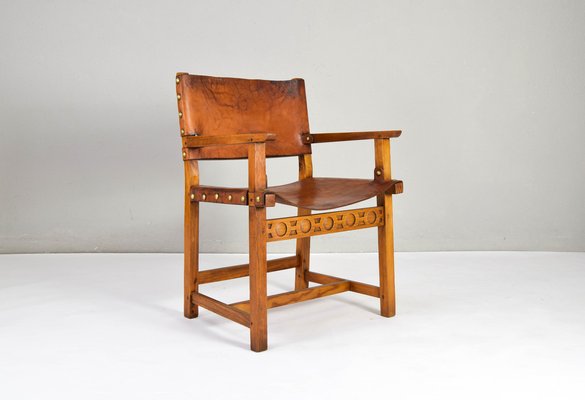 19th Century Brutalist Spanish Oak and Cognac Leather Castellana Armchair-IJF-1755958