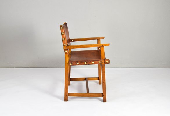 19th Century Brutalist Spanish Oak and Cognac Leather Castellana Armchair-IJF-1755958