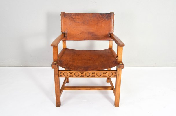 19th Century Brutalist Spanish Oak and Cognac Leather Castellana Armchair-IJF-1755958