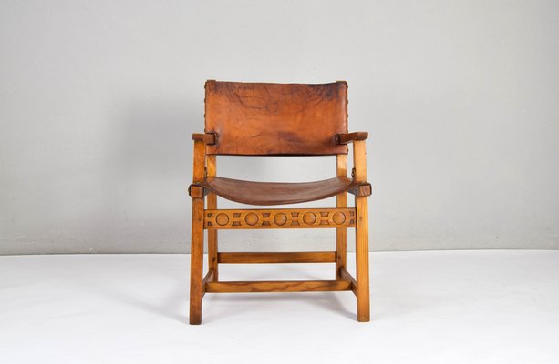 19th Century Brutalist Spanish Oak and Cognac Leather Castellana Armchair-IJF-1755958