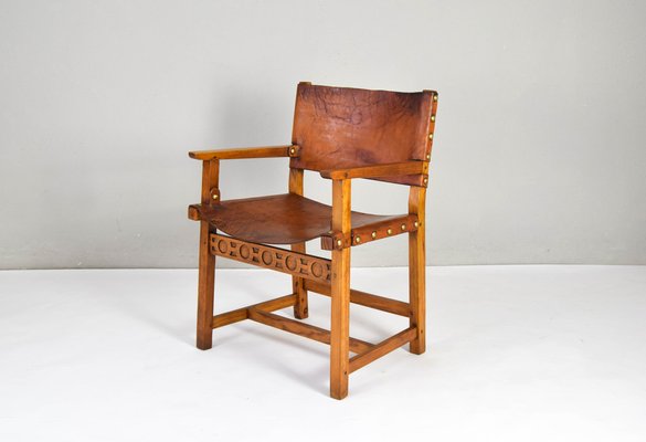 19th Century Brutalist Spanish Oak and Cognac Leather Castellana Armchair-IJF-1755958