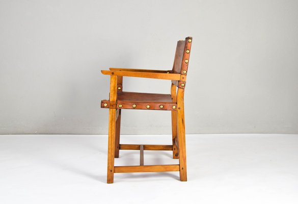 19th Century Brutalist Spanish Oak and Cognac Leather Castellana Armchair-IJF-1755958