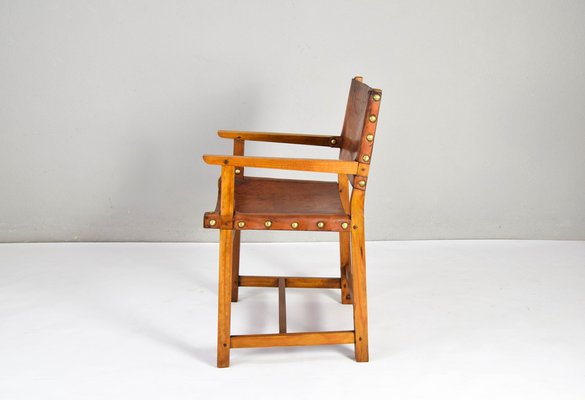 19th Century Brutalist Spanish Oak and Cognac Leather Castellana Armchair-IJF-1755958