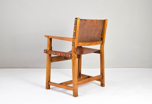 19th Century Brutalist Spanish Oak and Cognac Leather Castellana Armchair-IJF-1755958