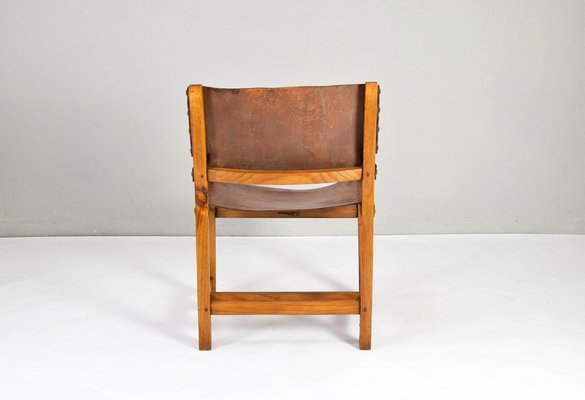 19th Century Brutalist Spanish Oak and Cognac Leather Castellana Armchair-IJF-1755958