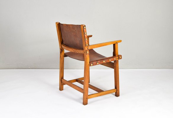 19th Century Brutalist Spanish Oak and Cognac Leather Castellana Armchair-IJF-1755958