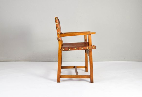 19th Century Brutalist Spanish Oak and Cognac Leather Castellana Armchair-IJF-1755958