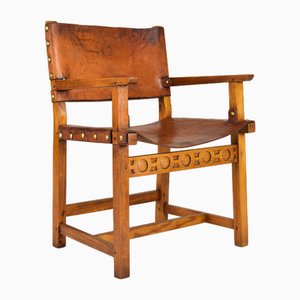 19th Century Brutalist Spanish Oak and Cognac Leather Castellana Armchair-IJF-1755958