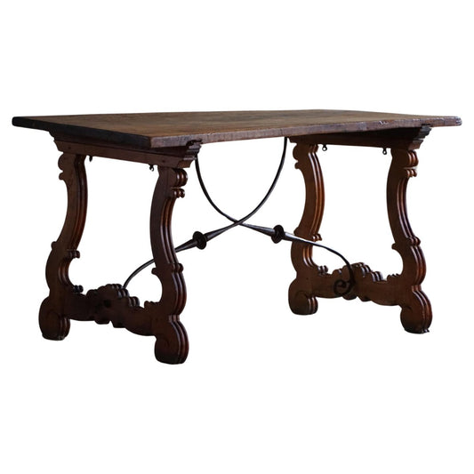 19th Century Brutalist Spanish Table in Oak & Wrought Iron, 1890s