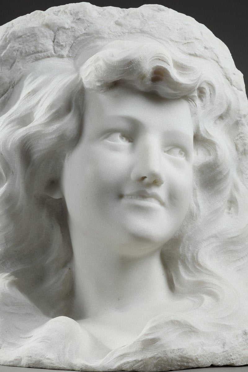 19th Century Bust of Young Woman in Carrara Marble, 1890s