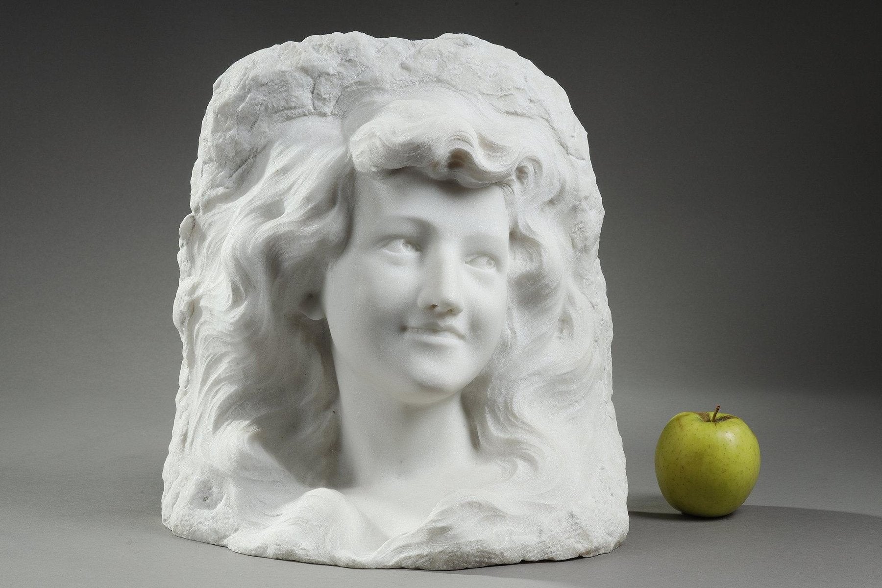 19th Century Bust of Young Woman in Carrara Marble, 1890s