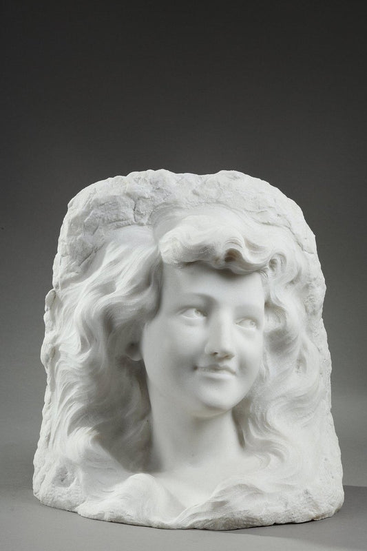 19th Century Bust of Young Woman in Carrara Marble, 1890s