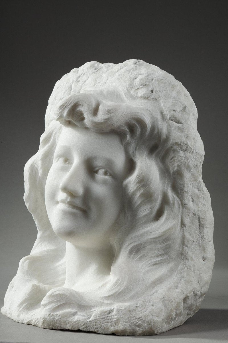 19th Century Bust of Young Woman in Carrara Marble, 1890s