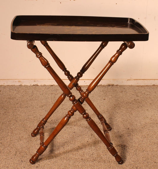 19th Century Butler Tray in Lacquered Wood with Asian Decor