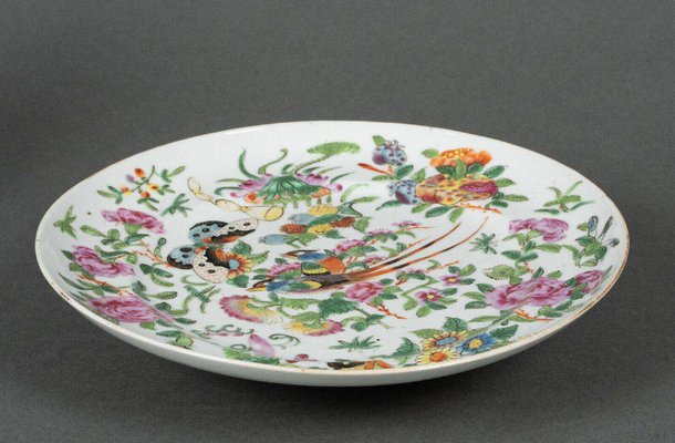 19th Century Canton Porcelain Plate with Butterflies and Birds-QKG-1799989