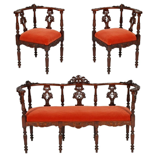 19th-Century Carved Walnut Lounge Set from Testolini Salviati, 1900s, Set of 3