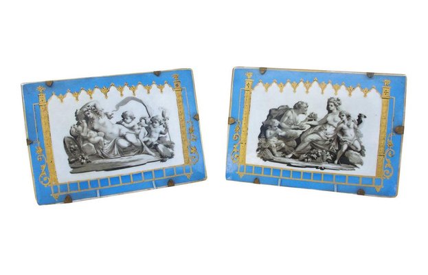 19th Century Celestial Blue Porcelain Rectangular Plates with Antique Scenes, Set of 2-CEJ-626784