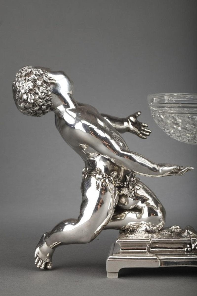 19th Century Centerpiece in Silvered Bronze & Crystal by Christofle