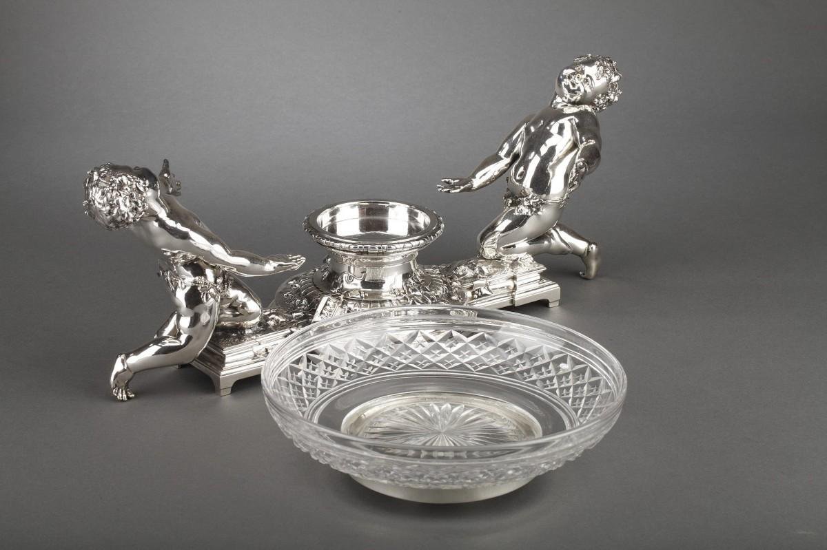 19th Century Centerpiece in Silvered Bronze & Crystal by Christofle