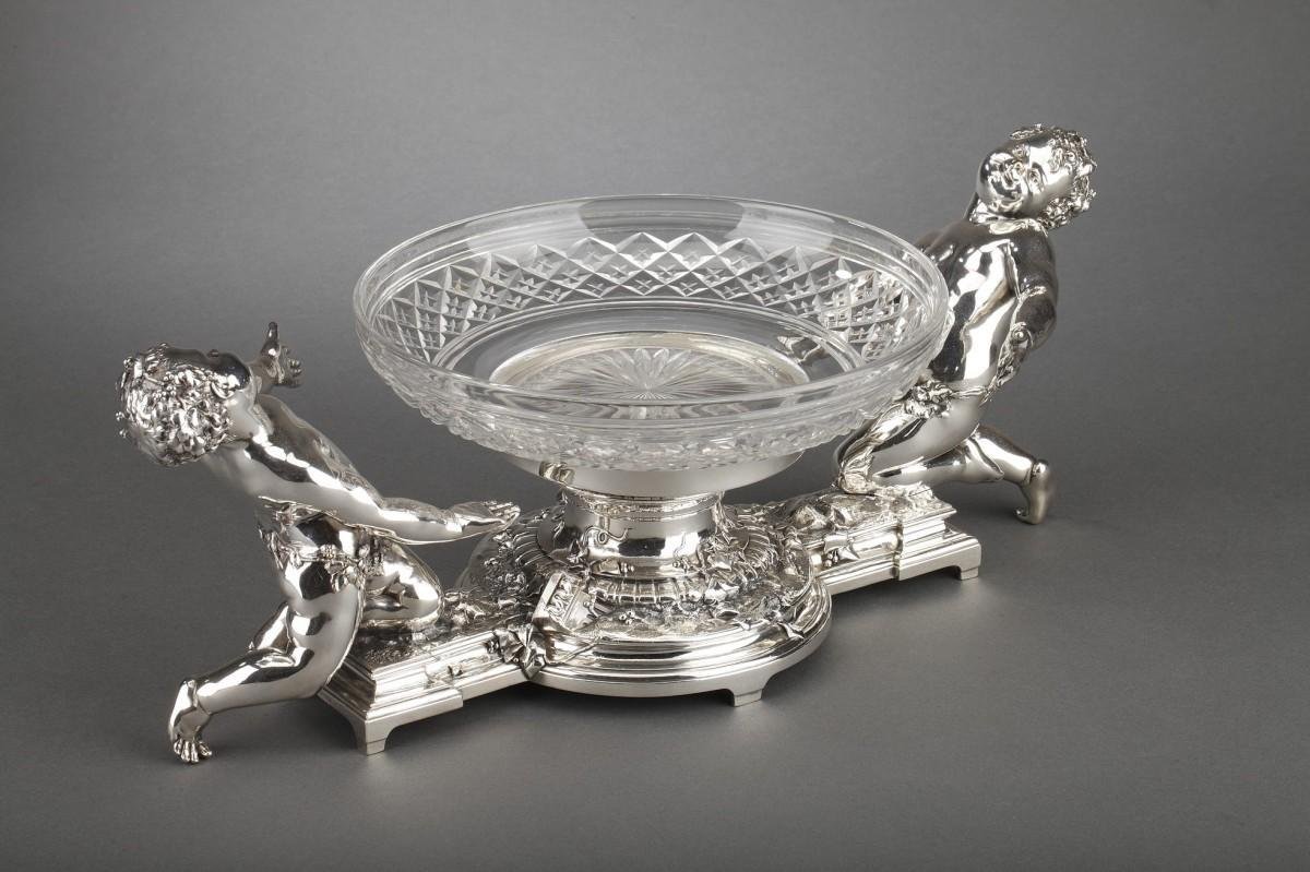 19th Century Centerpiece in Silvered Bronze & Crystal by Christofle