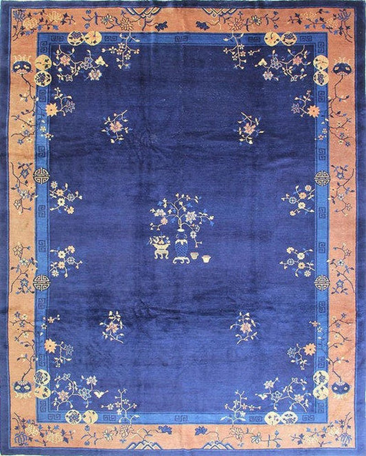 19th-Century Chinese Blue & Brown Floral Rug